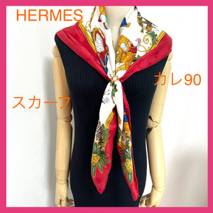 HERMES エルメス カレ90 スカーフ 冬の愉しみ レッド×ホワイト Joies